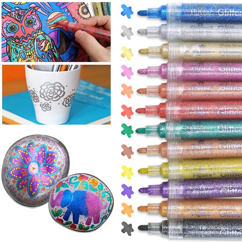 Flysea 12 Farben funkeln metallisch Marker Stifte einstellen Schimmer Farbe Marker Stifte Zeichnung Gruß Karte Poster Kind Tagebuch Bunte