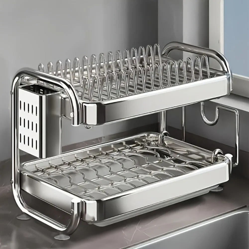 Dish Drying Rack Stainless Steel Big-capacity No Punching Required Draining Shelf Multifunctional Rustproof Thickened Bowl Shelf