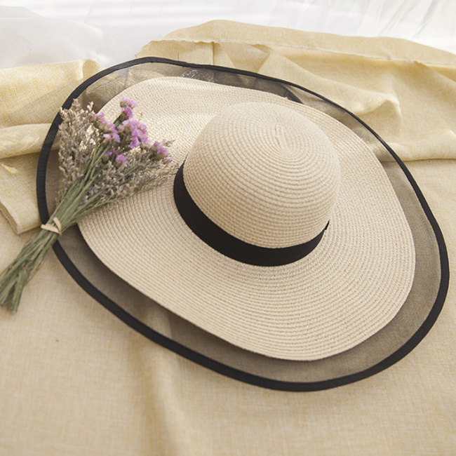Solhatte til kvinder piger brede rand floppy stråhat sommer bohemia strand cap bånd chapeau femme ete sort: Beige