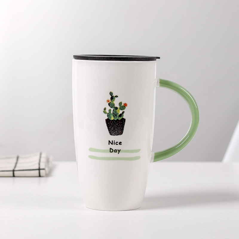 600ml kaktusmönster keramisk mugg med lock tecknade koppar mjölk kaffe te kopp grönt handtag porslinsmuggar fina