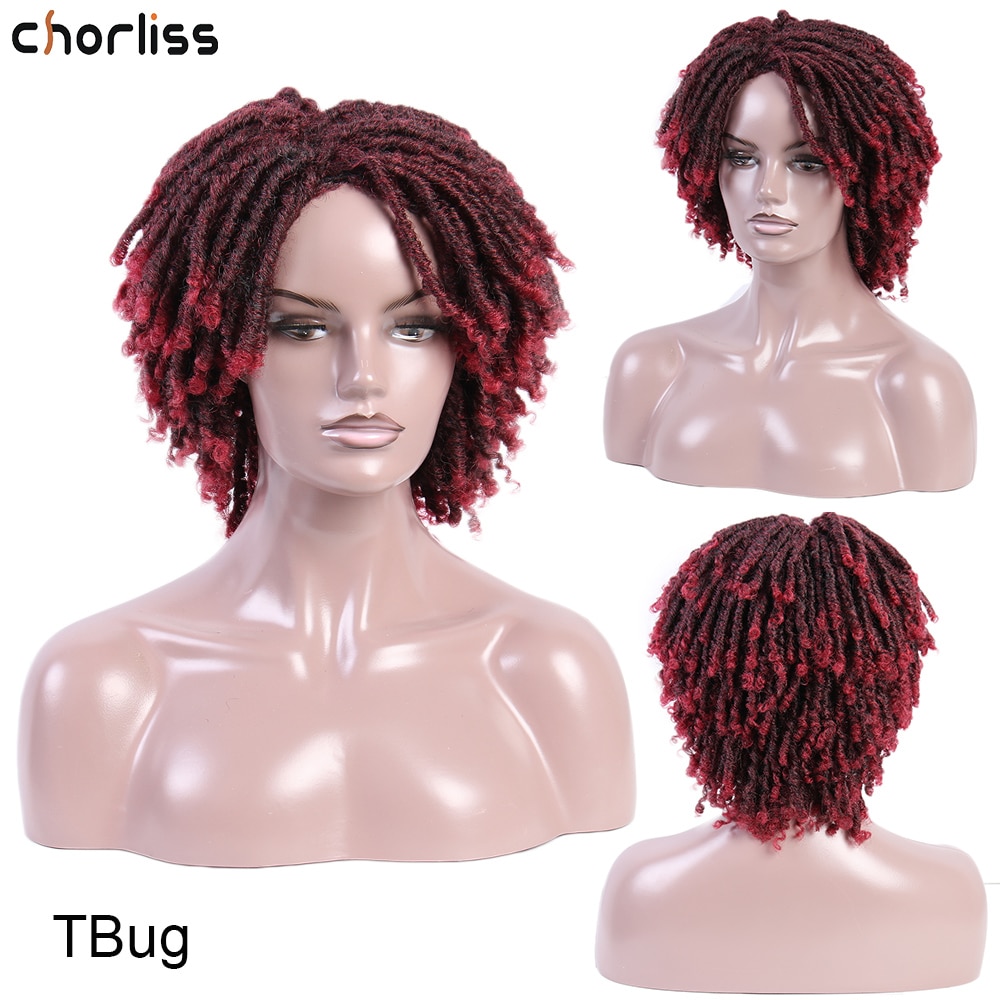 Dreadlock hår peruker mjuka korta syntetiska peruker kinky lockiga peruker för kvinnor virkad fläta peruk ombre bugg hög temperatur fiber