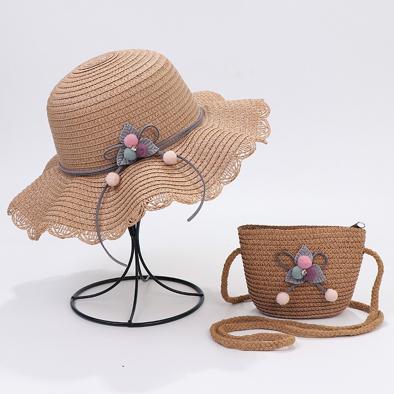 Zomer Reis Stro Hoed Voor Meisjes Prinses Kids Kind Geweven Rand Bloemen Zonnehoed En Tas Sets Voor Outdoor: 2pc set  khaki