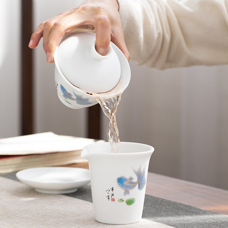 Deksel bolle te kopp hjemmestil keramisk hvittøy stor deksel bolle te bolle sau fett jade enkelt kung fu te sett gaiwan
