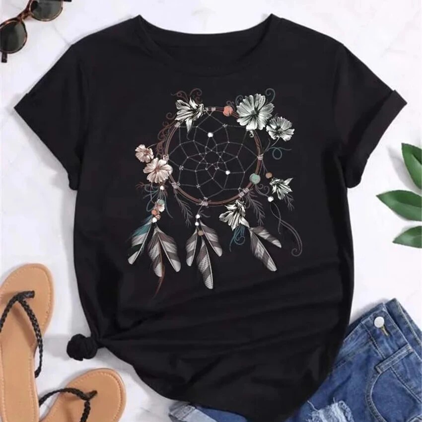 T-shirt plume Dreamcatcher pour femme, t-shirts graphiques Harajuku, chemise ReplCatcher, vêtements à la , Y: XXL / green