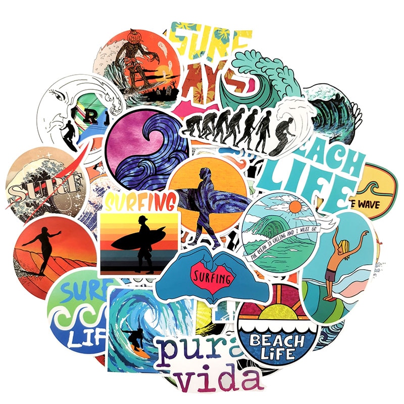 50Pcs/Set INS Fun Beach Surfing Stickers For Laptop Luggage Skateboard Guitar Motocycle Doodle Decor Helmet Surfboard Stickers