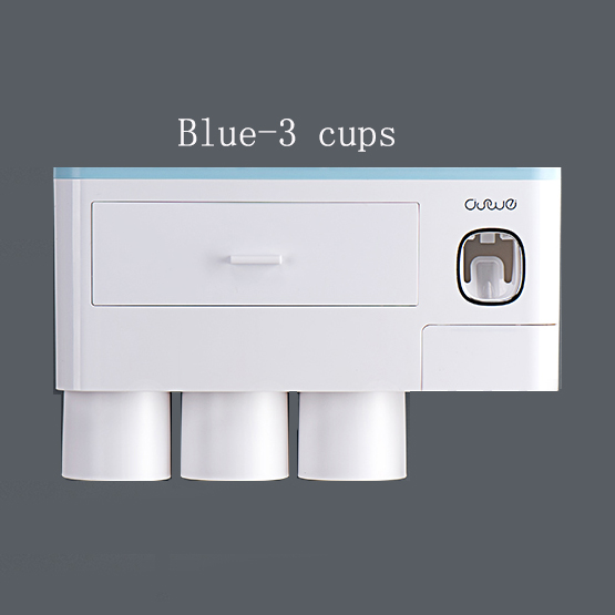 Toothbrush Holder Automatic Toothpaste Dispenser With Cup Wall Mount Toiletries Storage Rack Bathroom Accessories Set: 3 Cups Blue