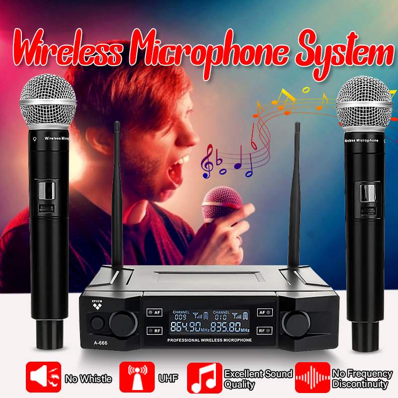 Professionele 2 Draadloze Handheld Microfoon UHF Frequenties Dynamische Capsule 2 Kanalen Draadloze Microfoon voor Karaoke Systeem