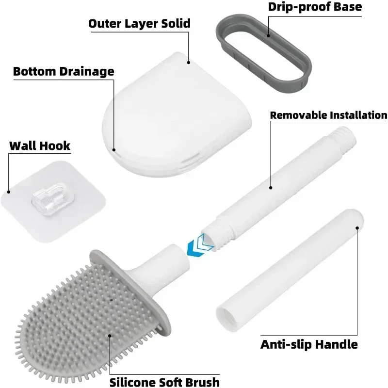 Escobilla de baño para inodoro, escobilla de baño montada en la pared, cabezal de cepillo plano de silicona, juego de cepillos limpiadores suaves de secado rápido, cepillo de limpieza