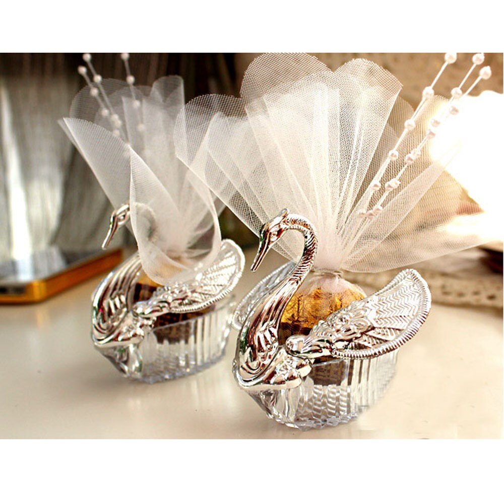 50 stuks Acryl Bruiloft Gunst Zwaan Dozen Bomboniere Candy Box Geschenkdozen: Sets of Silver Box
