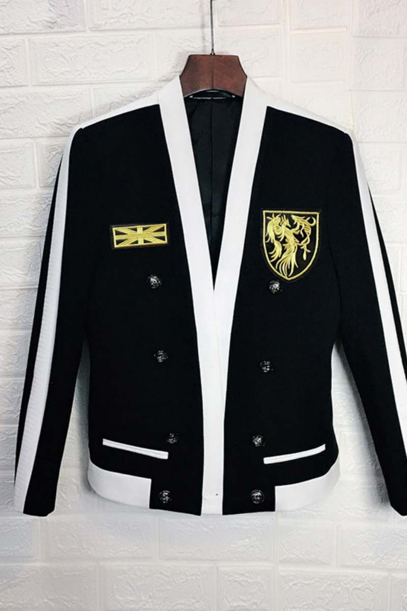 Gold Embroidery Badge Dress Wedding Blazer Men Groom Contast Black White Stripe Jacket Men Spring Autumn Korean Wear