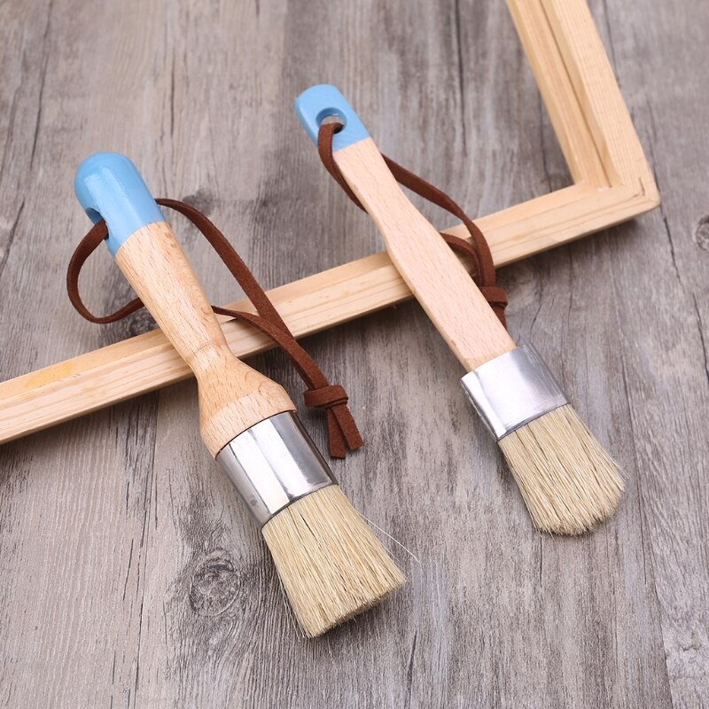 2 Stuks Ronde En Platte Krijt Verf Wax Borstel Ergonomische Houten Handvat Natuurlijke Haren Borstels Meubels Diy Schilderen Waxen Tool