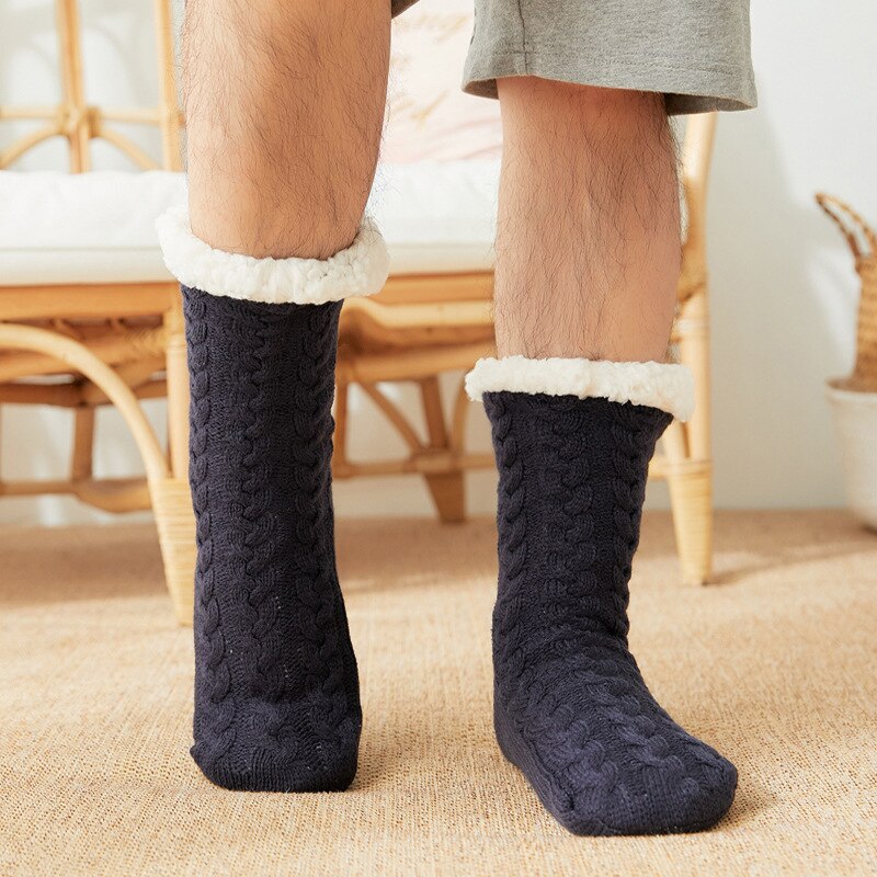 in door mens fleece socks soft elastic winter warm black floor cashmere socks anti-slip male long thick cotton socks men: Navy Blue