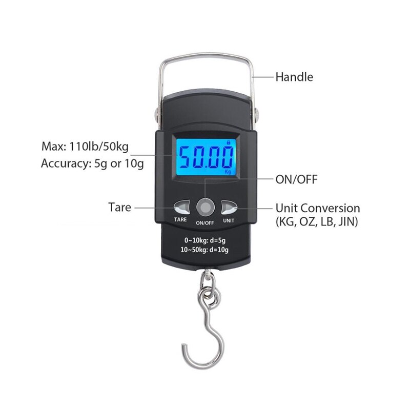 40 kg/50 kg x 10g Mini Digitale Weegschaal voor Vissen Bagage Reizen Weging Steelyard Opknoping Elektronische Haak schaal, keuken Gewicht