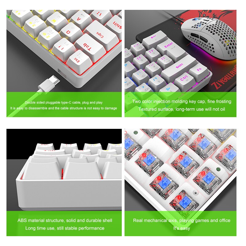Wired Keyboard Mouse and Mouse pad Set Gaming Mechanical Keyboards 62 keys RGB Backlit Blue Red Switch for PC Gamer