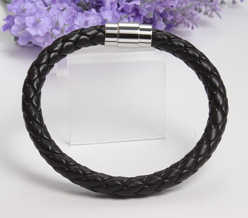 Black Braid Leather Bracelet Bangle Stainless Steel Clasp Men Jewelry 21cm