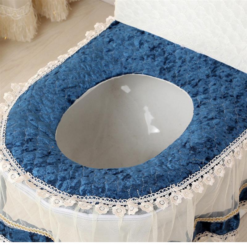 3-Piece European Style Plush Bathroom Toilet Decor Tank Cover Cushion Toilet Seat Cover Pads Set Gold Velvet Three-Piece Suit