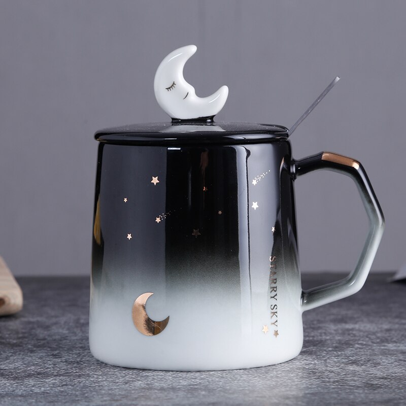 star mug individual trend ceramic water cup Nordic milk coffee tea cup with lid spoon: A