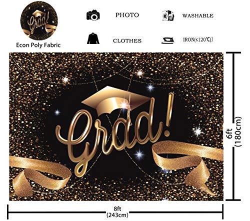 Fabric Class Graduation Prom Photography Backdrop Black and Gold Bachelor Cap Ribbon Grad Celebration Tapestry