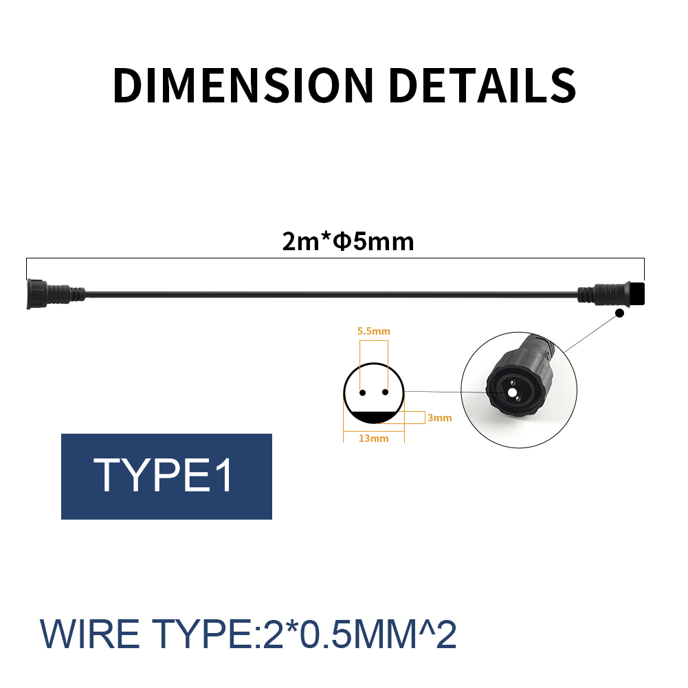 Cable de extensión impermeable IP67 de 2 pines y 2 metros, Cable de alimentación para luces LED al aire libre: Beige