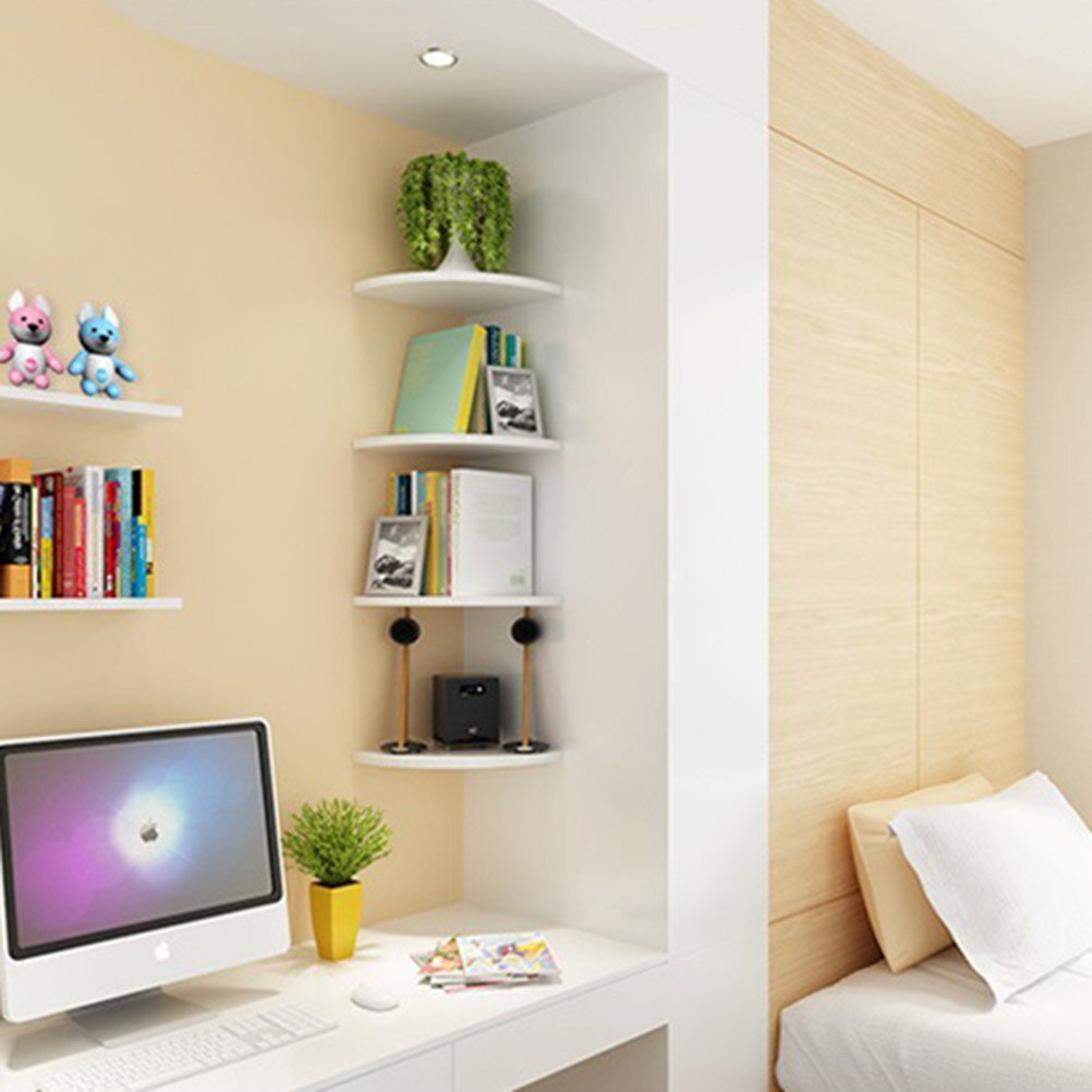 1 pc Storage Rack Wooden Triangle Fan Shape Wall-mounted Decorative Sundries Organizer Bookshelf Corner Shelf