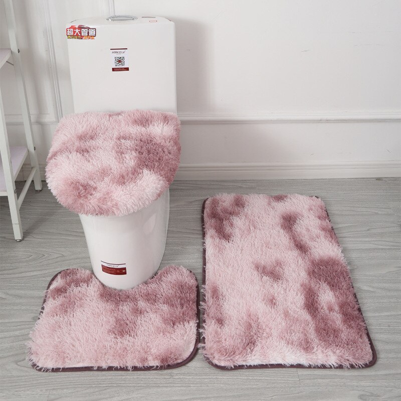 3pcs/set Tie-Dye Colorful Bathroom Mat Set Non-slip Bath WC Carpets Rectangle U-shape Bathroom Toilet Rugs And Lid Cover Kit: pink purple