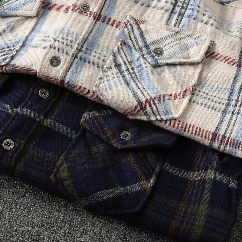 Wiosna moda męska w stylu klasyczny z długim rękawem koszula flanelowa w kratę japońska modna wysokiej jakości zapinana na co dzień ładunek topy męskie tkaniny