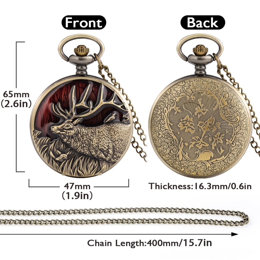 3D Brons Lange Horens Elanden Quartz Zakhorloge Ketting Herten Dier Hanger Ketting Klok Analoge Fob Steampunk Klok