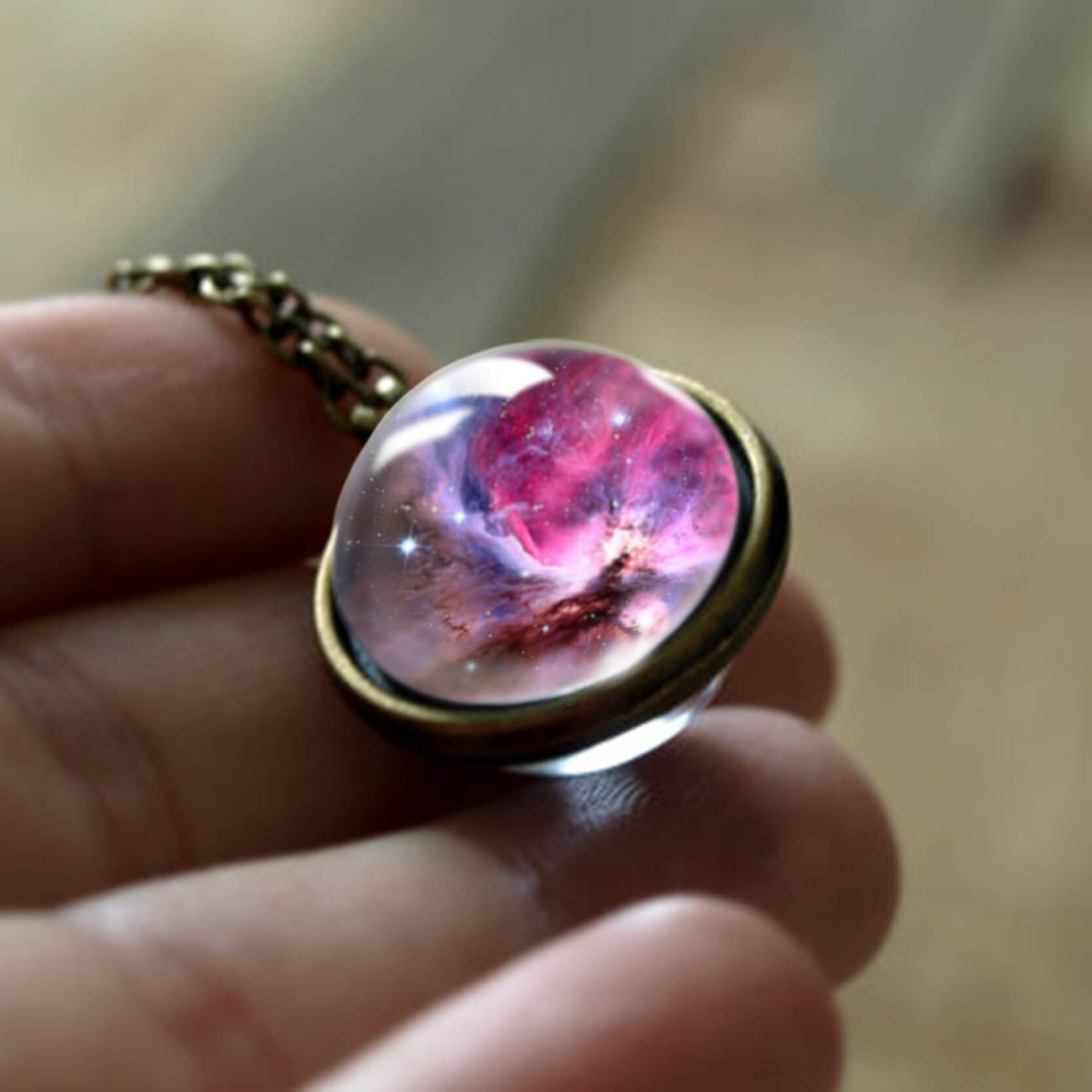 Nebula Galaxy Double Sided Pendant Necklace Universe Planet Jewelry Glass Art Picture Handmade Statement Necklace: LGS0033