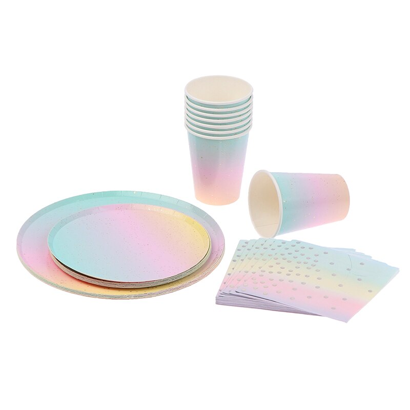 8/16 Stks/set Wegwerp Servies Regenboog Kleur Ronde Platte Paper Cup Handdoek Feestartikelen Verjaardag Wedding Party Decoratie