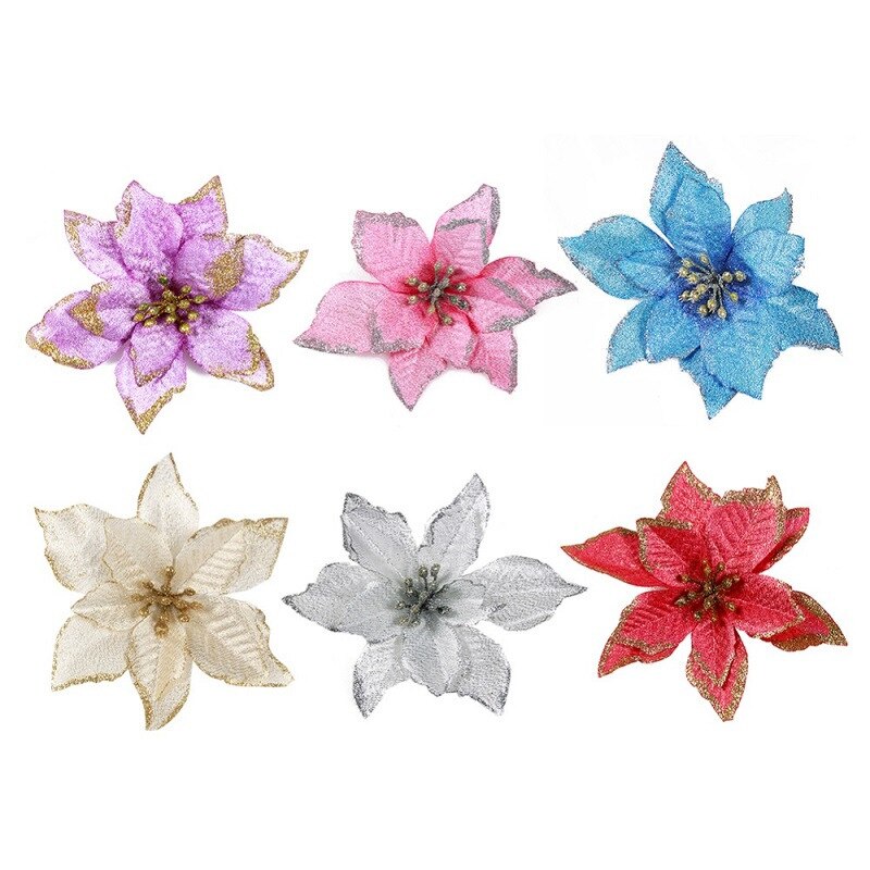 10Pcs Glitter Poinsettia Flower Christmas Decor Wreath Tree Decorations Xmas Party Wedding Flower Scrapbook Garlands Rattan