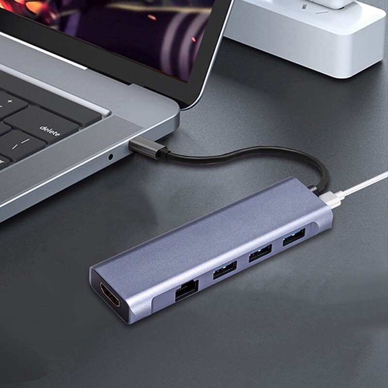 Usb c-keskitin usb-tyypin c-sovittimen telakointiasema, jossa 4k hdmi pd lataus gigabit ethernet usb 3.0 porttia varten