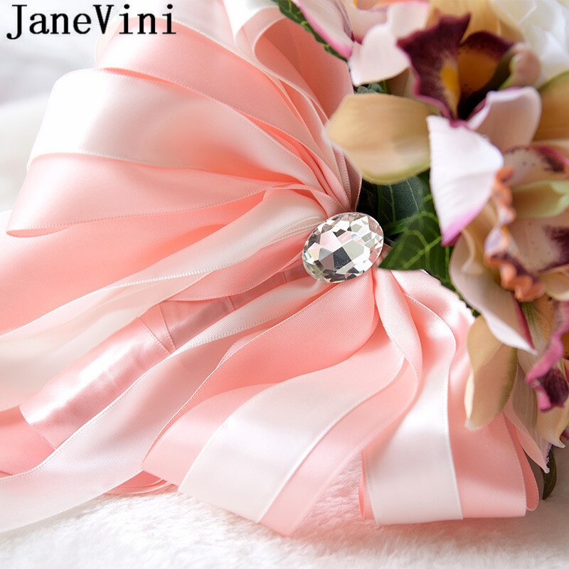 Janevini Elegante Roze Roos Bruiloft Boeket Kunstbloemen Lint Handvat Bridal Broche Diamant Decoratie Bruid Boeket
