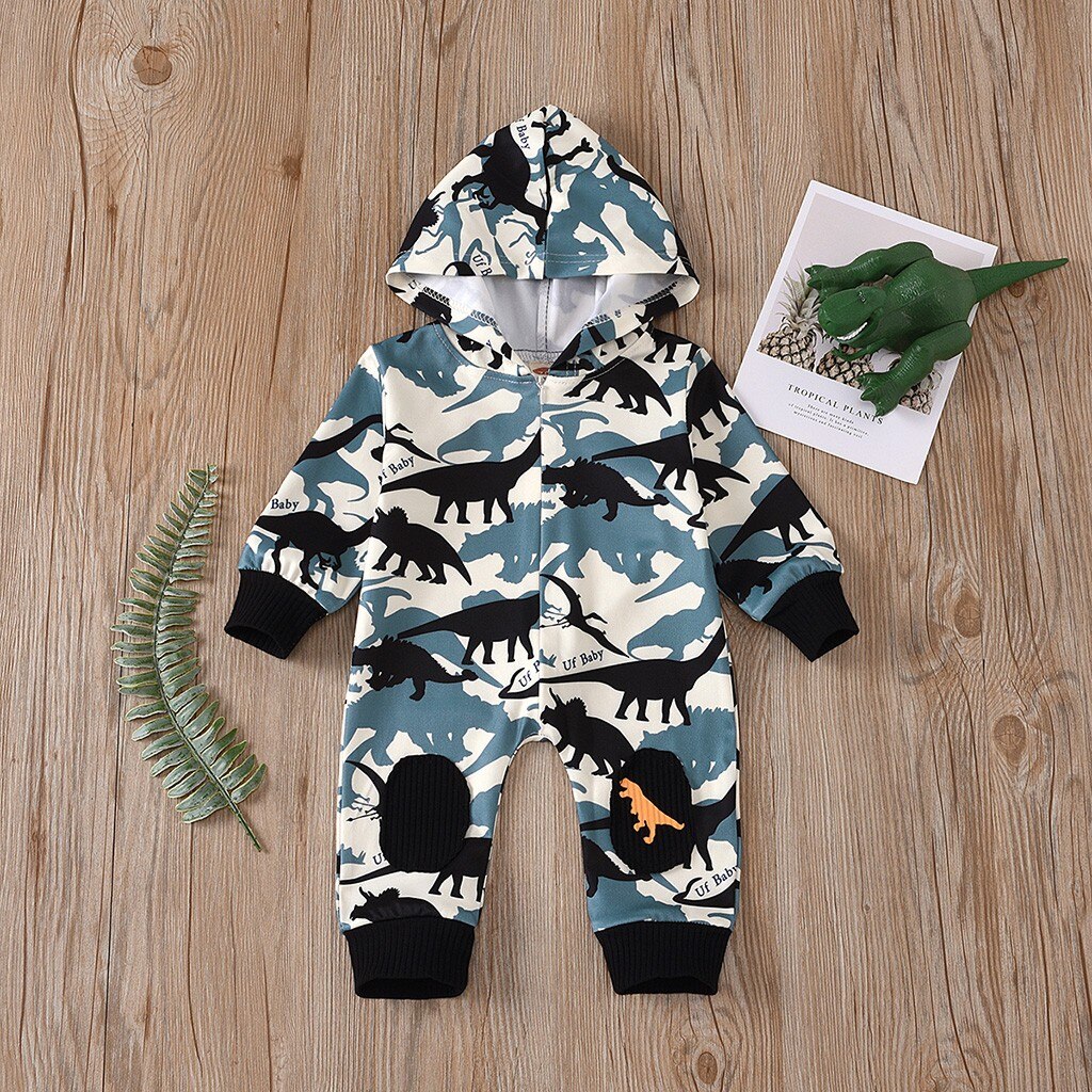 Mode Pasgeboren Baby Baby Jongens Meisjes Lange Mouwen Dinosaurus Gedrukt Hooded Rits Romper Jumpsuit Speelpakje Outfits Kleding # P4