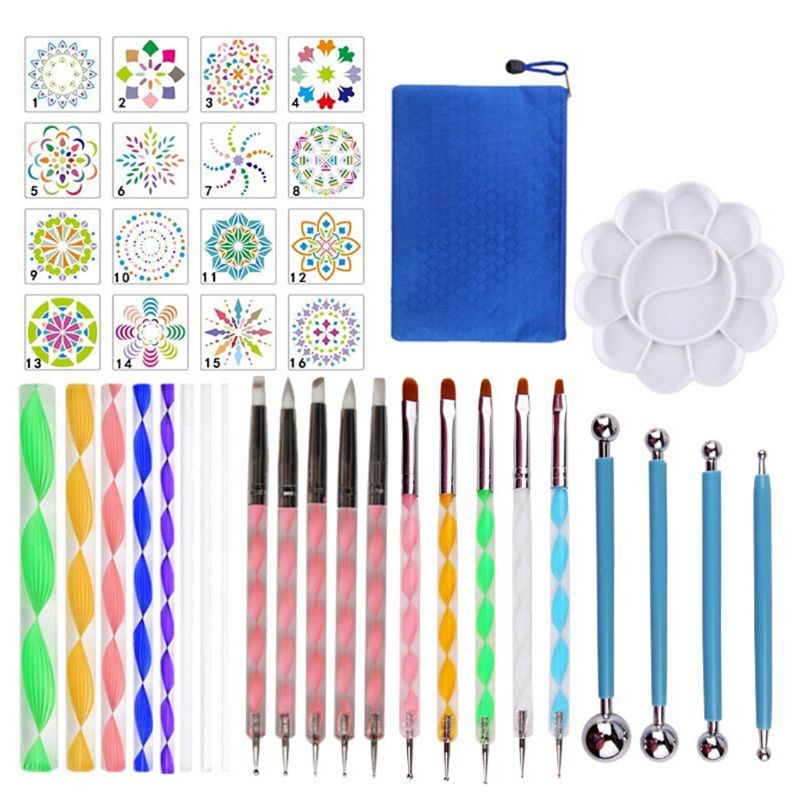 Juego de 40 Uds. De herramientas para punteado de Mandala para pintura DIY de piedra de roca con plantilla, pinceles para pintar, bandejas, suministros de arte: C