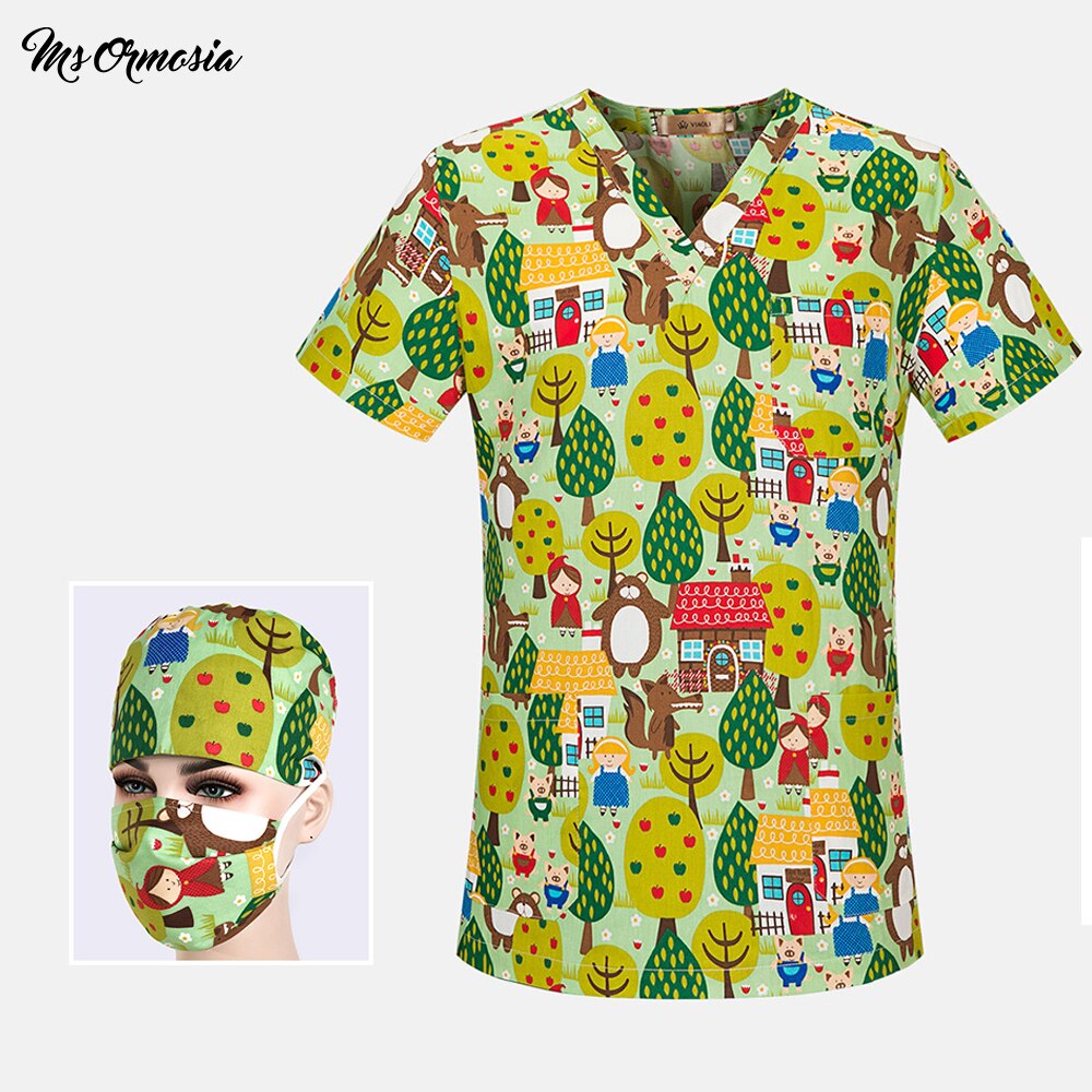 Ren bomuld print behagelig åndbar spa uniform scrub dame arbejdstøj top + justerbar tegneserie tryk scrub cap