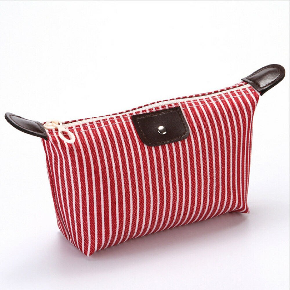 Neceser bonito para maquillaje, neceser de viaje, neceser, organizador, bolso, bolsa de almacenamiento de cosméticos a rayas: Rojo