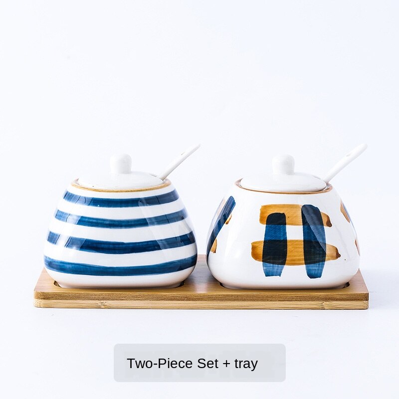 Hand-painted Underglaze Japanese Ceramic Seasoning Box Set Restaurant Household Kitchen Seasoning Pot With Lid LD621: style 3