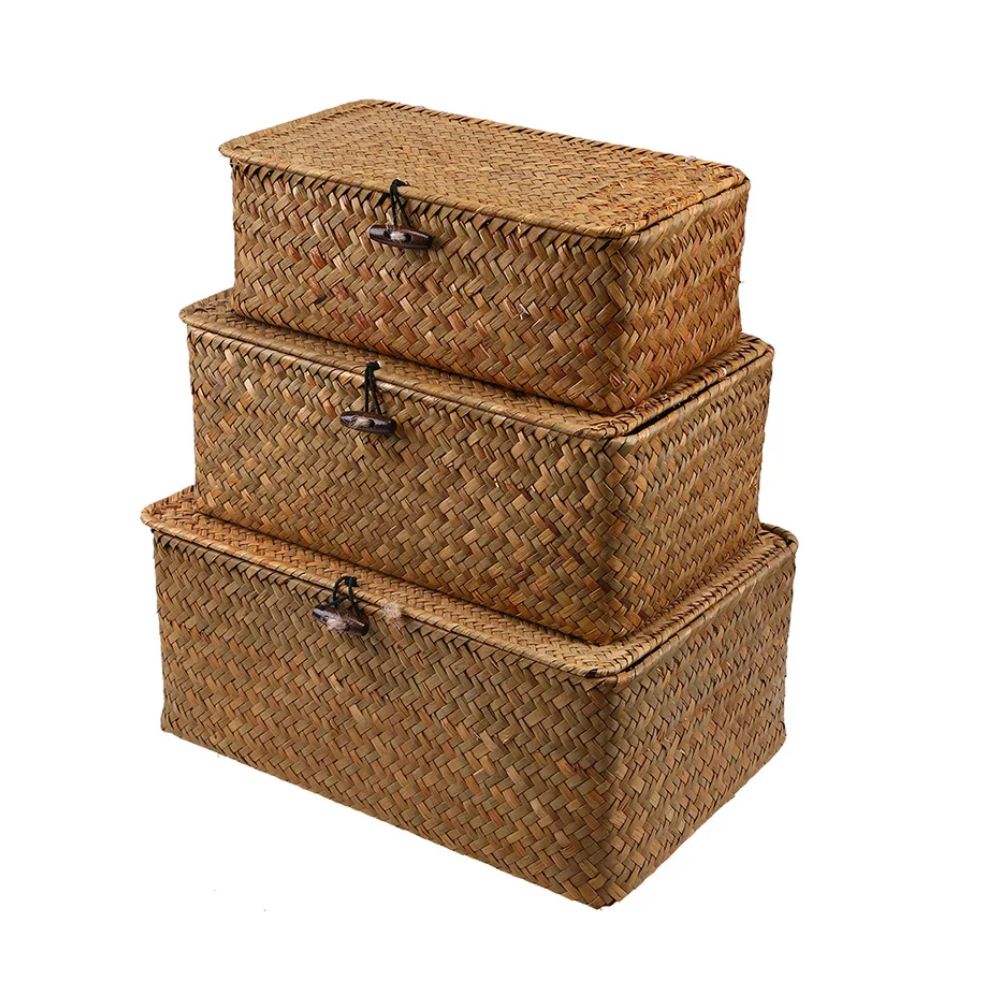 Flat Woven Wicker Storage Bins with Lid Natural Seagrass Basket Boxes Multipurpose Home Toys Organizer Boxes for Shelf Organizer: black