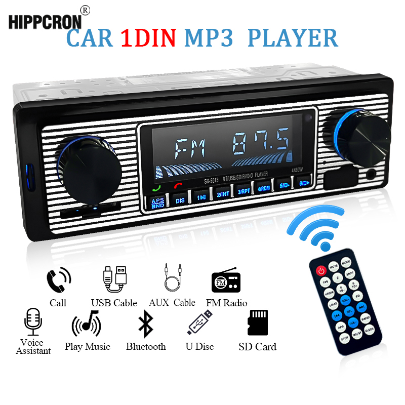 Hippcron-Radio ESTÉREO FM con Bluetooth para coche, reproductor de Audio MP3 60Wx4 para teléfono móvil, manos libres, Digital, USB/SD, entrada auxiliar en el tablero, 1 DIN