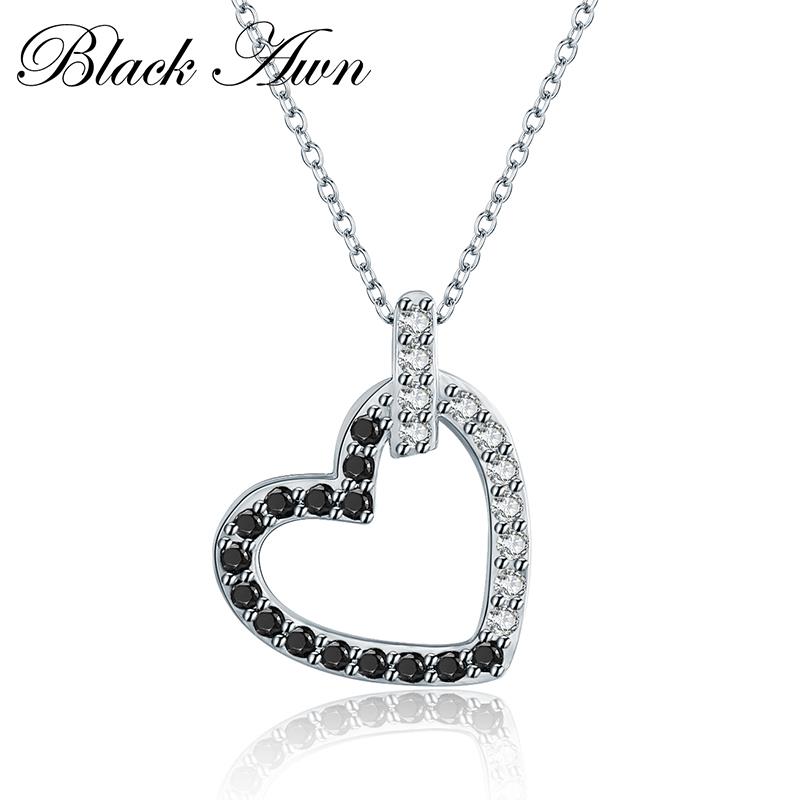 Heart Black & White Silver Eternity Band Fine Jewelry Trendy Engagement Necklaces for Women Cute Wedding Pendants P185