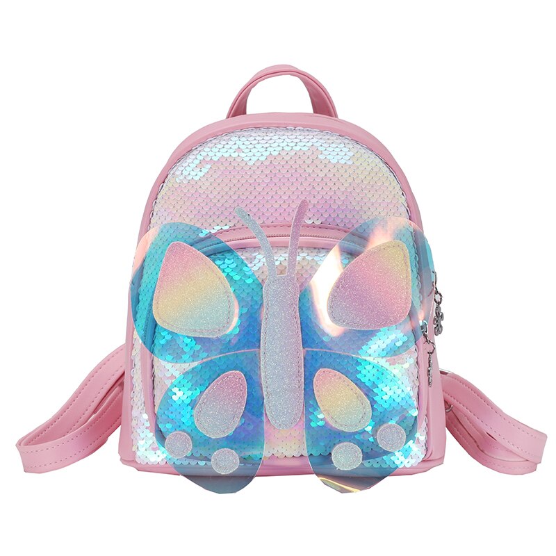 Cute 3D Colorful Butterfly PU Sequin Toddler Backpack School Bag For Girls Kindergarten School Kids Small Bags: Pink