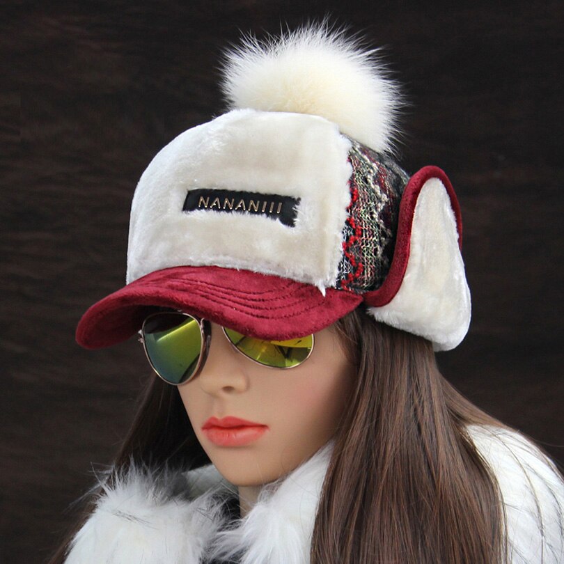 Winter Faux Cashmere Bomber Hat Women Earflap Caps Faux Fur Pompom Snow Hats Adjustable Bohemian Russian Ushanka: Wine red