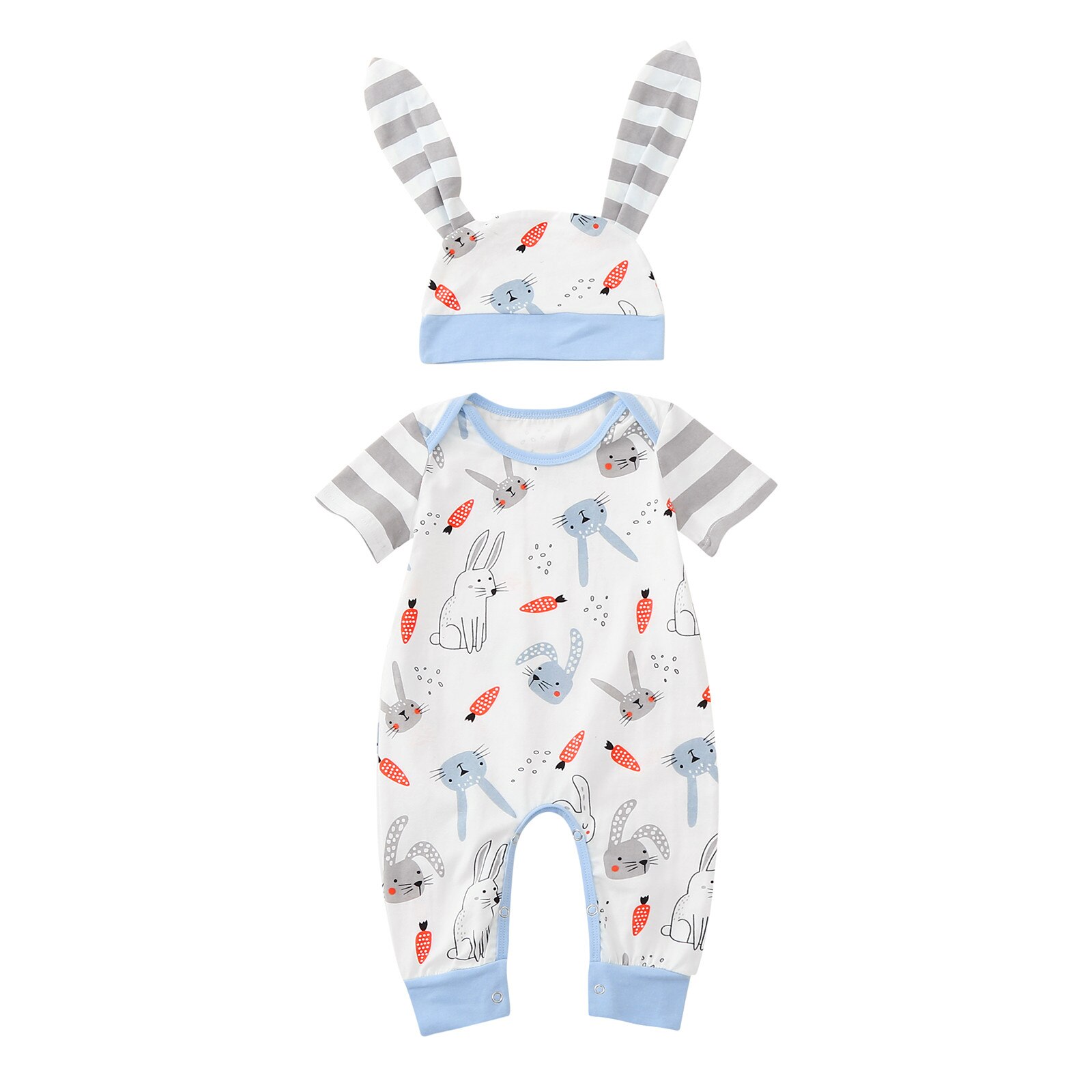 Cartoon Konijn Print Romper Outfits Pasgeboren Baby Baby Jongens Meisjes Korte Mouw Pasen Romper Jumpsuit + Hoed Kleding Set Bebes