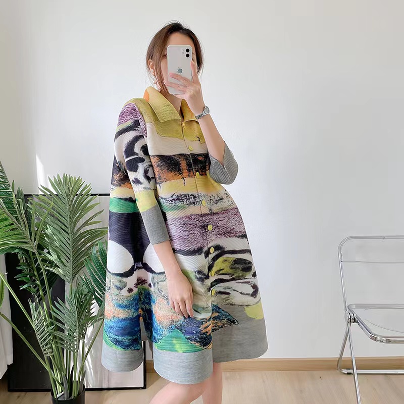 Miyake – manteau plissé imprimé pour femmes, Slim, grande taille, rétro, revers, simple boutonnage, décontracté, printemps 2022: YELLOW