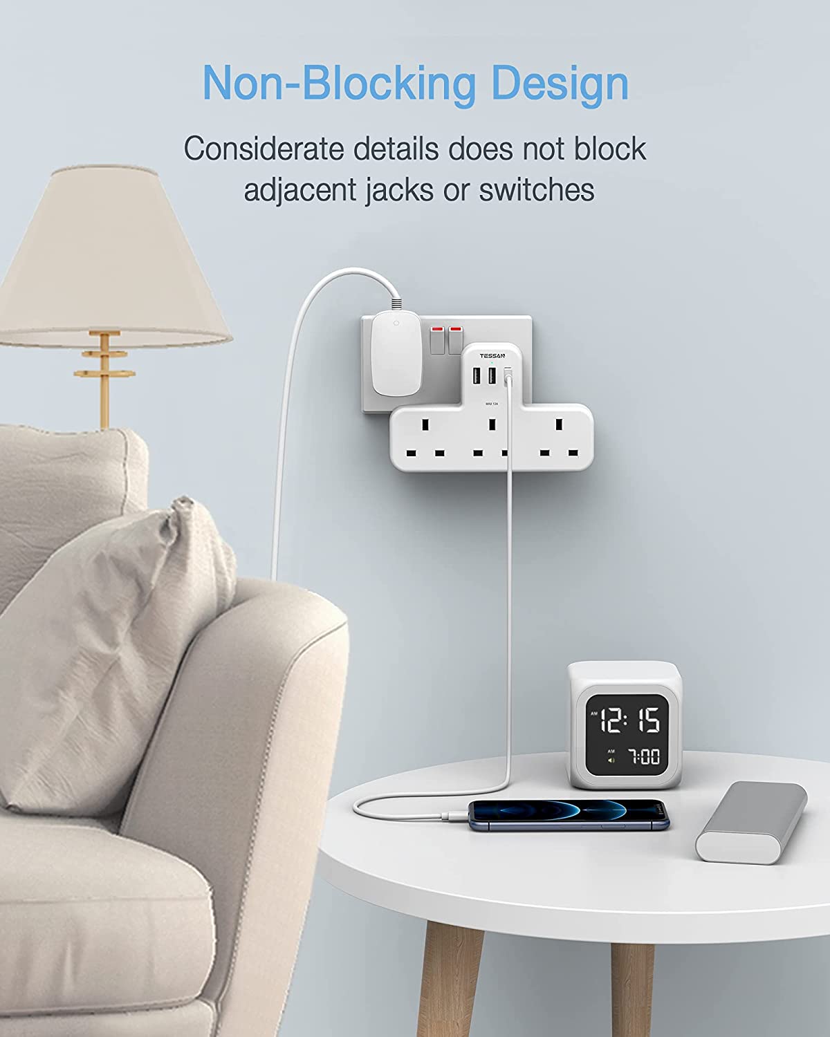 6 Ways UK Multi Plug Power Strip with 3 USB Charging Ports and 3 UK Outlets Wall Socket 100-250V Electrical Charger for Phones