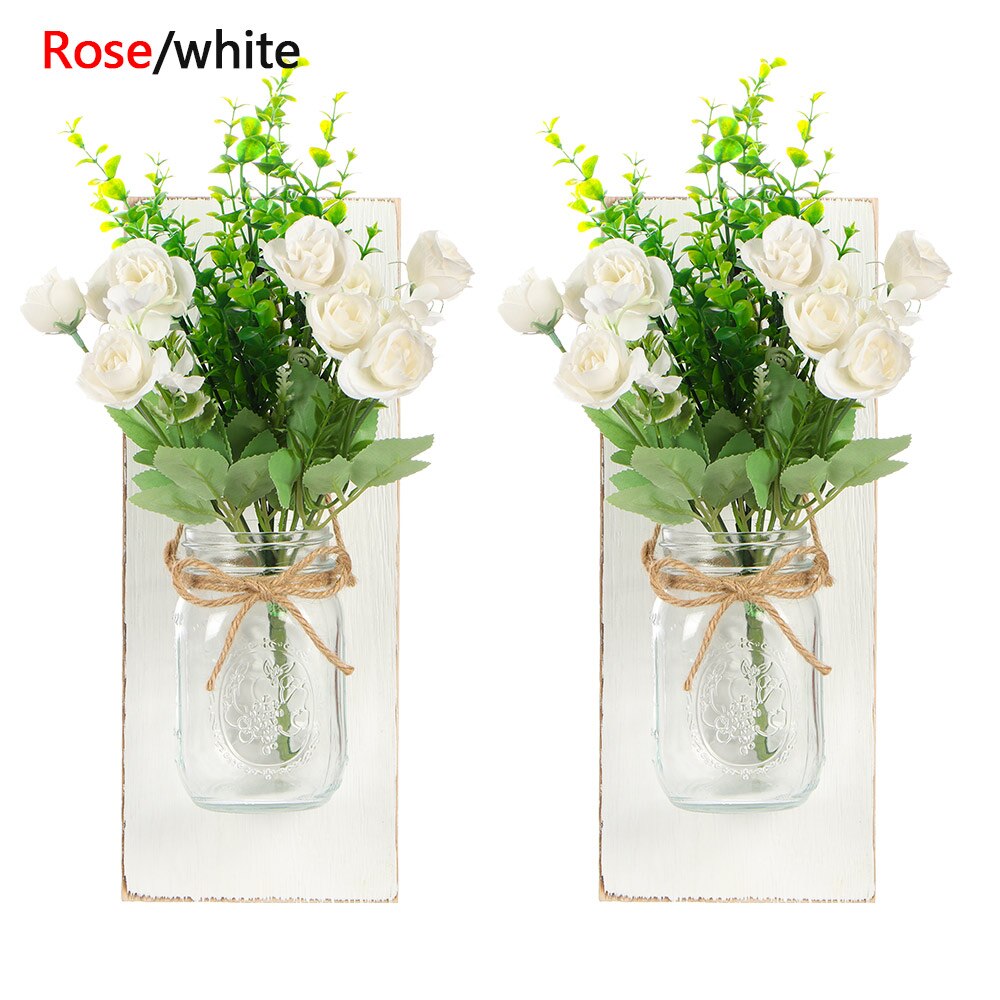 Tira de luces LED de pared con Control remoto para colgar en el hogar, apliques de luz con flores artificiales de tarro de albañil, decoración para el hogar, 2 uds.: Rose White