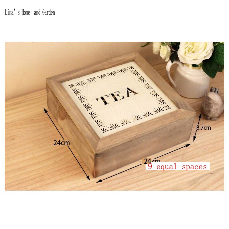 square vintage wooden tea box with compartments