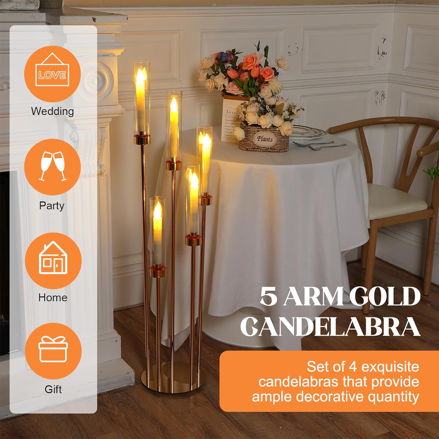 Candelabro de suelo de 5 brazos, candelabro dorado de 42,5 pulgadas de alto, centros de mesa de candelabro para mesas, juego de candelabros de metal con acrílico