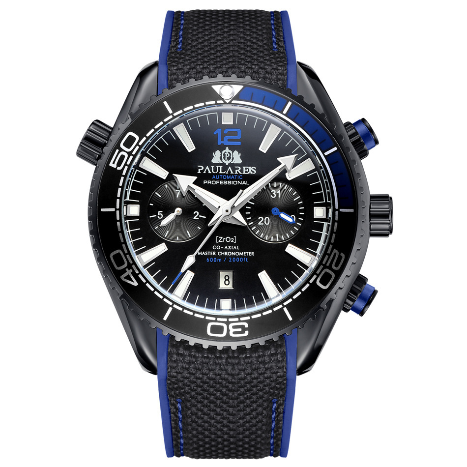 PAULAREIS P, reloj mecánico automático de lujo para hombre, correa de goma, resistente al agua, fecha luminosa, relojes de para hombre: Negro