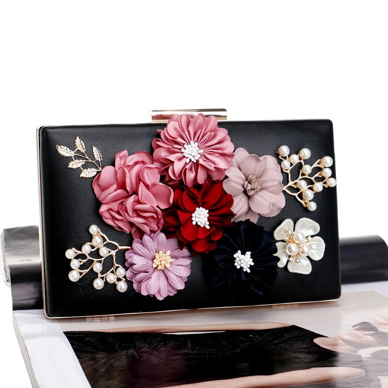 Dame blomstret farverig diamant kvinder clutch bryllup aftentaske håndtaske toiletartikler og pung skuldertaske fest crossbody tasker: Sort